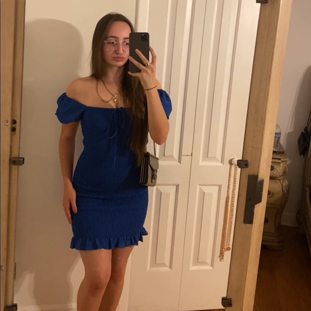 Blue ruffle ruched dress gianni bini